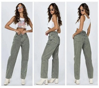 NWT Princess Polly Holly Asymmetric Straight Leg Green Denim Jeans Size 12