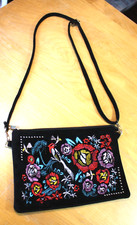 Black Embroidered Crossbody Bag Floral Bird Unbranded Adjustable Velvet Purse