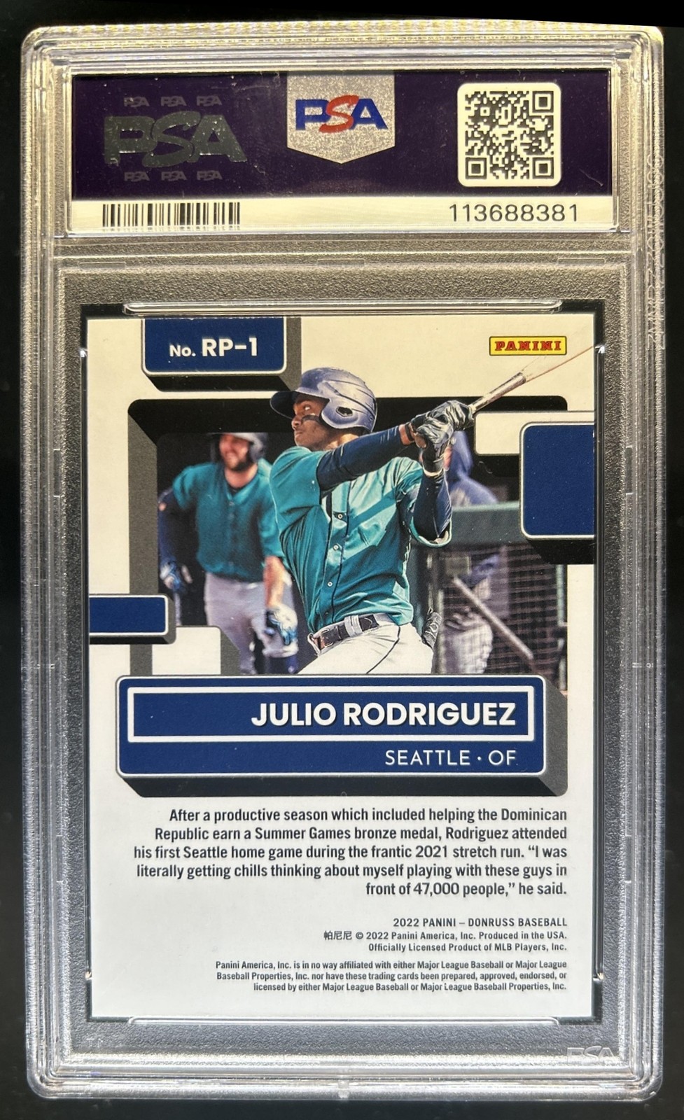 2022 Donruss Julio Rodriguez Rated Prospects Pink Fireworks RC #RP-1 PSA 9 view 2