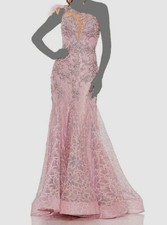 Mac Duggal Women's Pink Embroidered Feathered One Shoulder Gown Dress Size 14