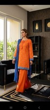 Women  s One Size Orange Printed Kurta  Pants Set with Blue Dupatta