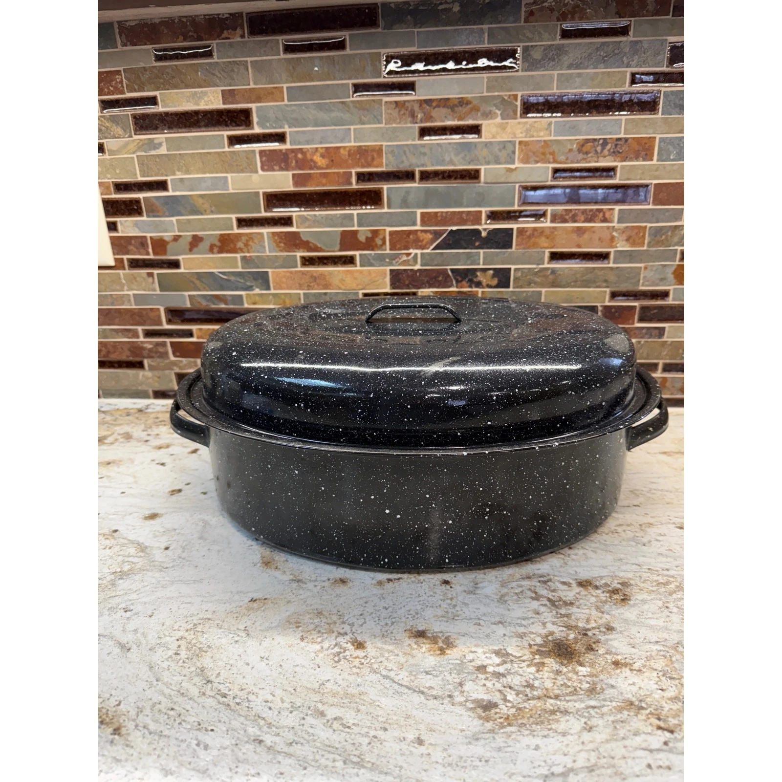 Vintage Enamel Roaster, Oval Black Speckled, Covered Roasting Pan, Large 16-1/2"