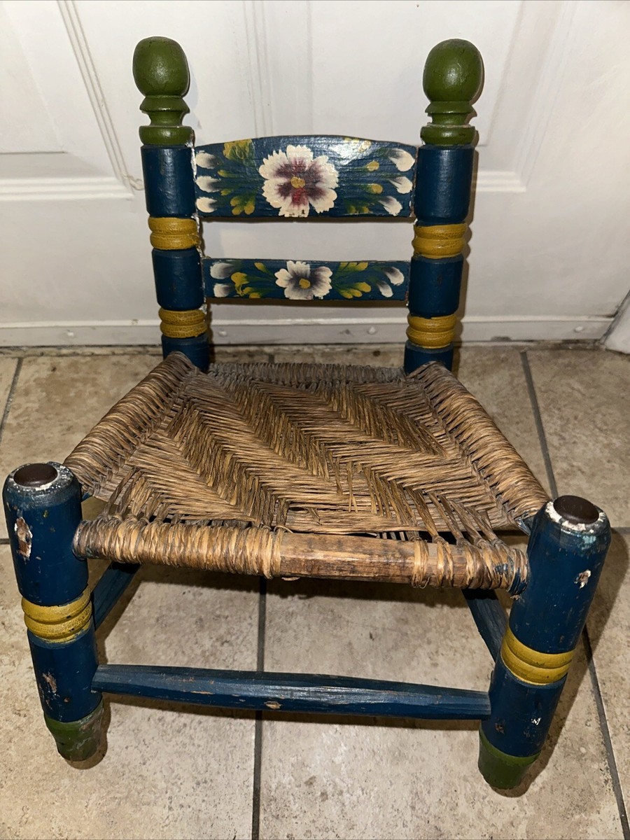 Vintage Hand Painted Child's Chair Mexican Folk Art Wicker Woven