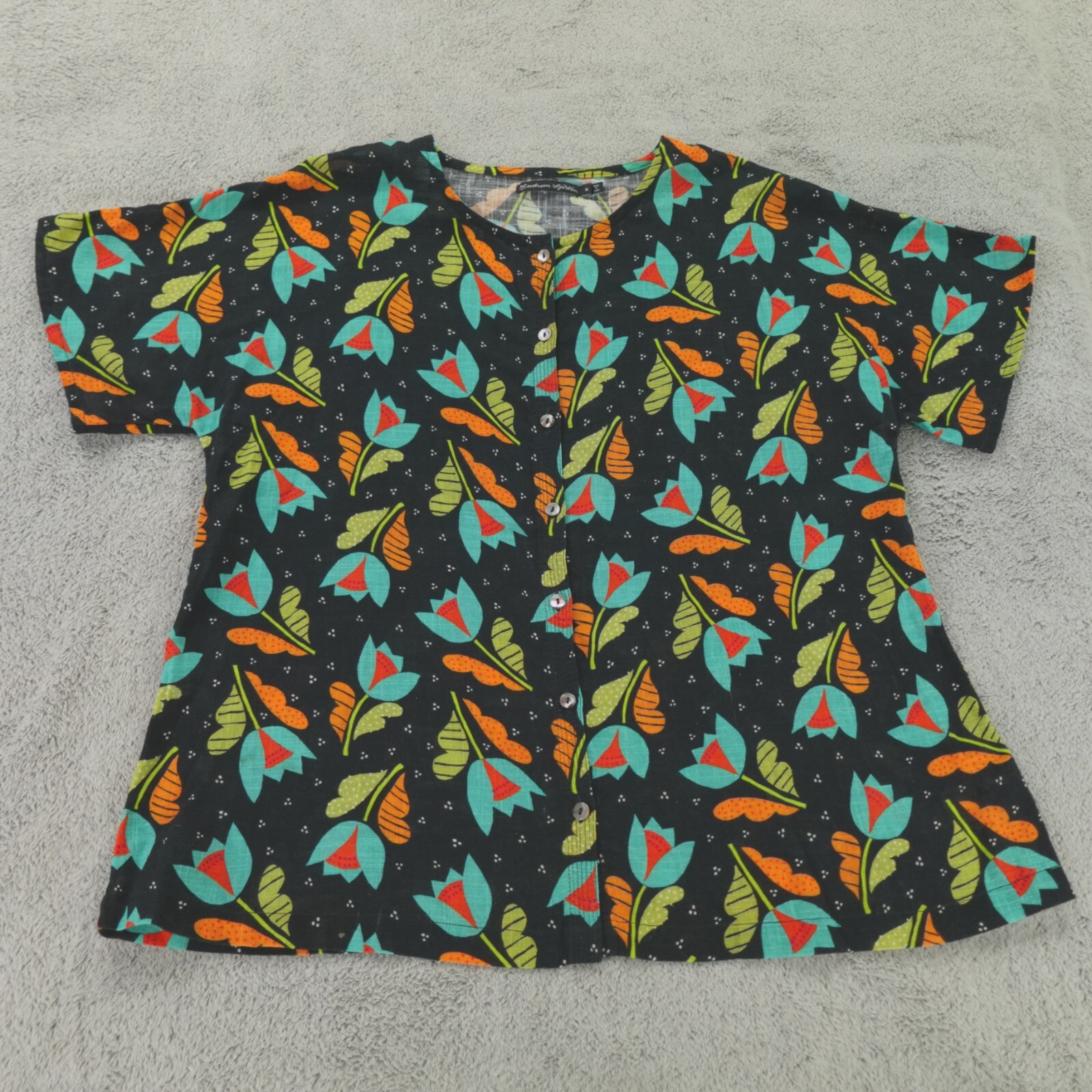 Gudrun Sjoden Top Womens Medium Black Floral Multi Organic Cotton