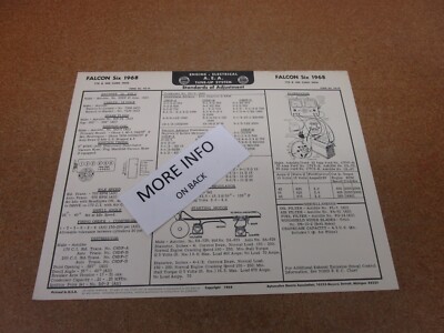 1968 Ford Falcon I6 engine 170 200 AEA tune up chart spec sheet ORIGINAL