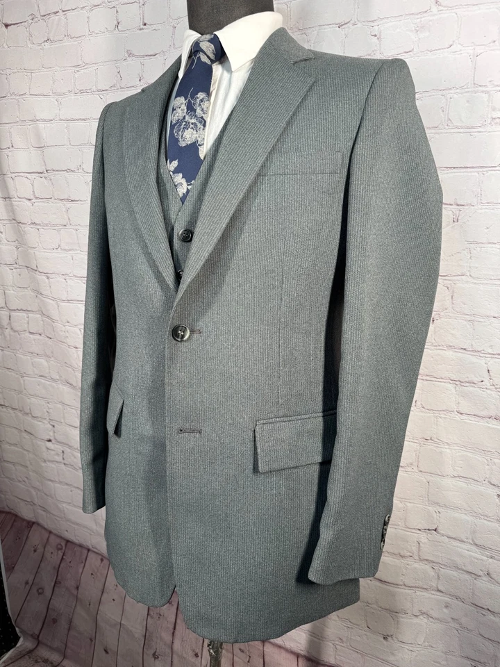 JOHN WEITZ Mens Gray Wool PINSTRIPE Classic 2 Piece VEST Combo PAIR 34R Jacket - Image 2 of 4