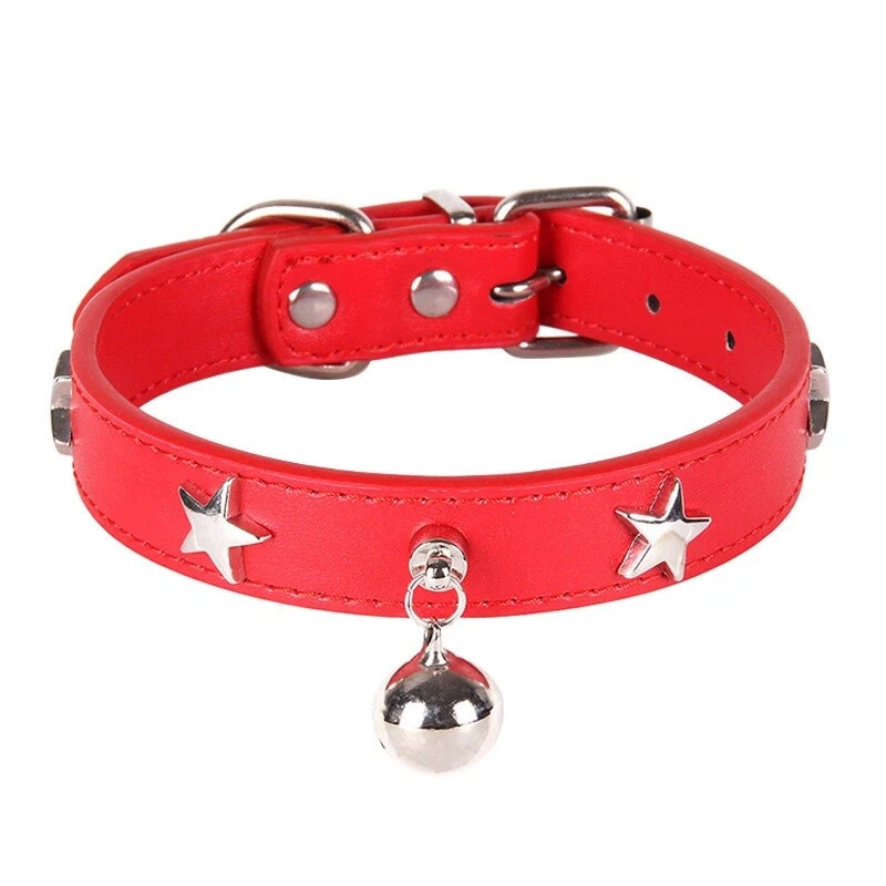 Dog Collars Male Boy MEDIUM Leather Red Brown Black Adjustable Stars Studs  Bell