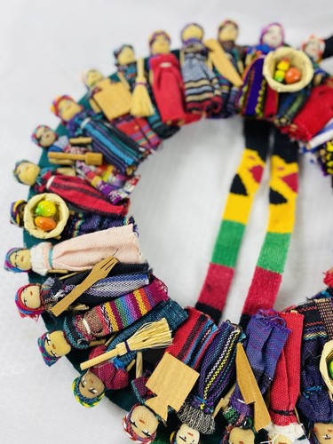 Guatemalan Handmade Worry Doll Wreath Folk Art 12" Multicolor Vintage 80 - Picture 3 of 7