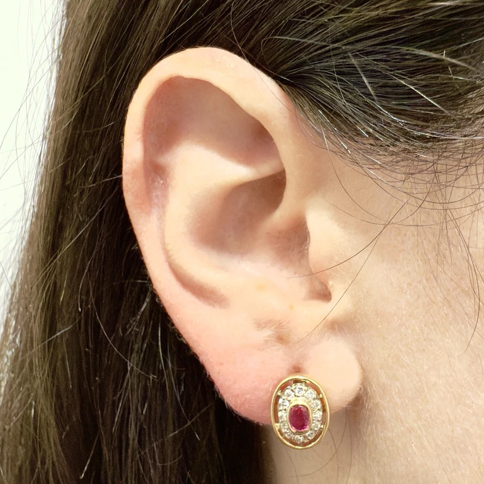 Vintage 14K Natural Diamond & Ruby Halo Earrings - 14K Yellow Gold Ruby Earrings - Image 2 of 4