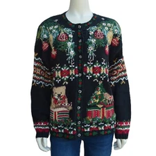 Tiara International VTG 2001 Size L Cardigan Black Christmas Ugly Sweater Beaded