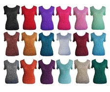 Women's Popcorn Blouse Short Sleeve Solid Shirt Top Expandable One Size New