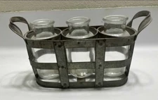 Farmhouse Decor, set of three clear Glass Vases in metal holder, 11” Long