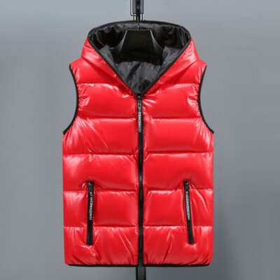 Men Puffer Quilted Hooded Waistcoat Metallic Shiny Gilet Bubble Jacket Coat  Red