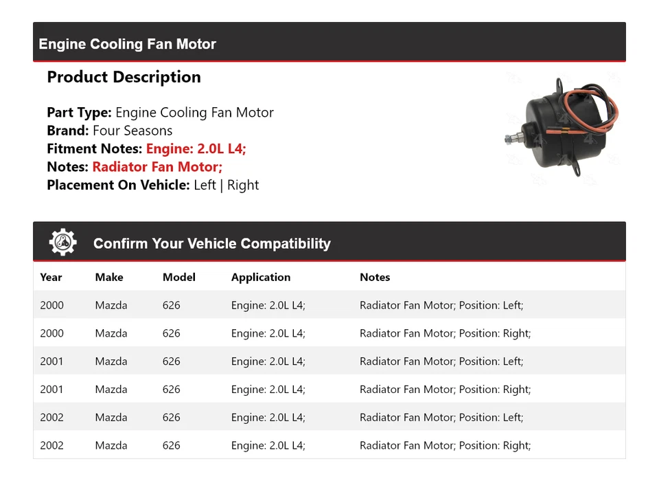 Para Mazda 626 2000-2002 2,0 L L4 Motor Ventilador Motor 4 Temporadas 2001 Foto 2 de 4