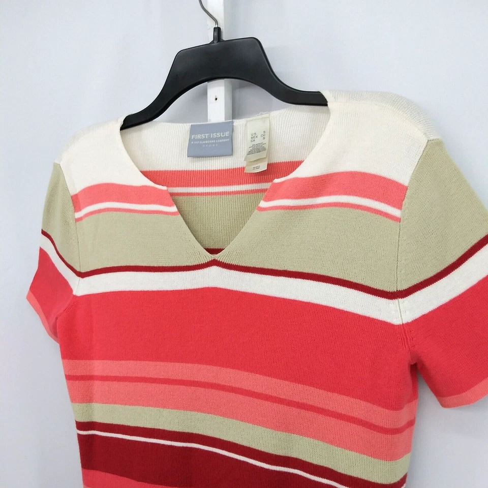 Camisa Primera Edición Mujer Talla S Naranja Rayas Manga Corta Cuello en V Tejido Top Foto 2 de 4