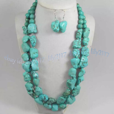 2 Strands Natural Turquoise Chunky Nugget Irregular Gems Necklace Earrings Set