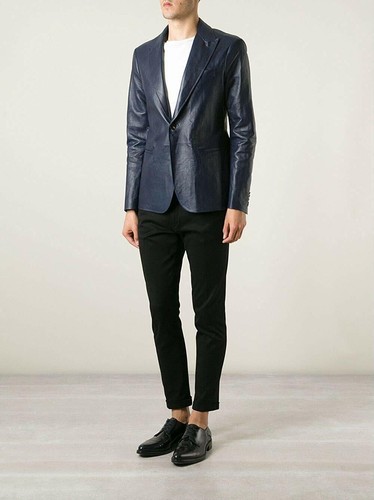 Classic Men's Leather Blazer Genuine Lambskin Slim Fit Blue BUTTON Coat Jacket - Picture 3 of 6