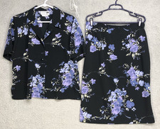 Leslie Fay Haberdashery Skirt Set Womens Size 12/14 Black With Lavender Flowers