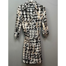 The Limited Shirt Dress Women Small Black White Tan Abstract Belted Roll-Tab