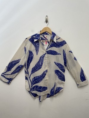 Monsoon Dinah Palm Print Shirt Size Small Blue White Lightweight Beach Cover Up