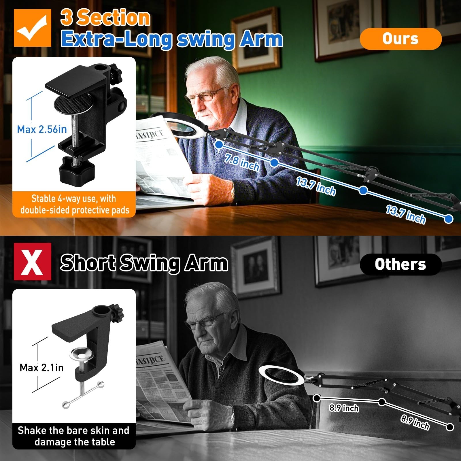 Ultra Long 3-Section Swing Arm 12X 30X Magnifying Glass with Light and Stand,...