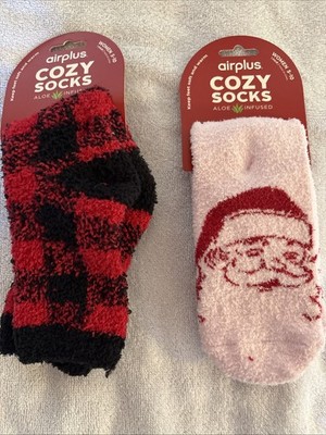 AirPlus Fuzzy Sock Aloe Infused Ultra Comfort 2 Pk Christmas Black White Santa