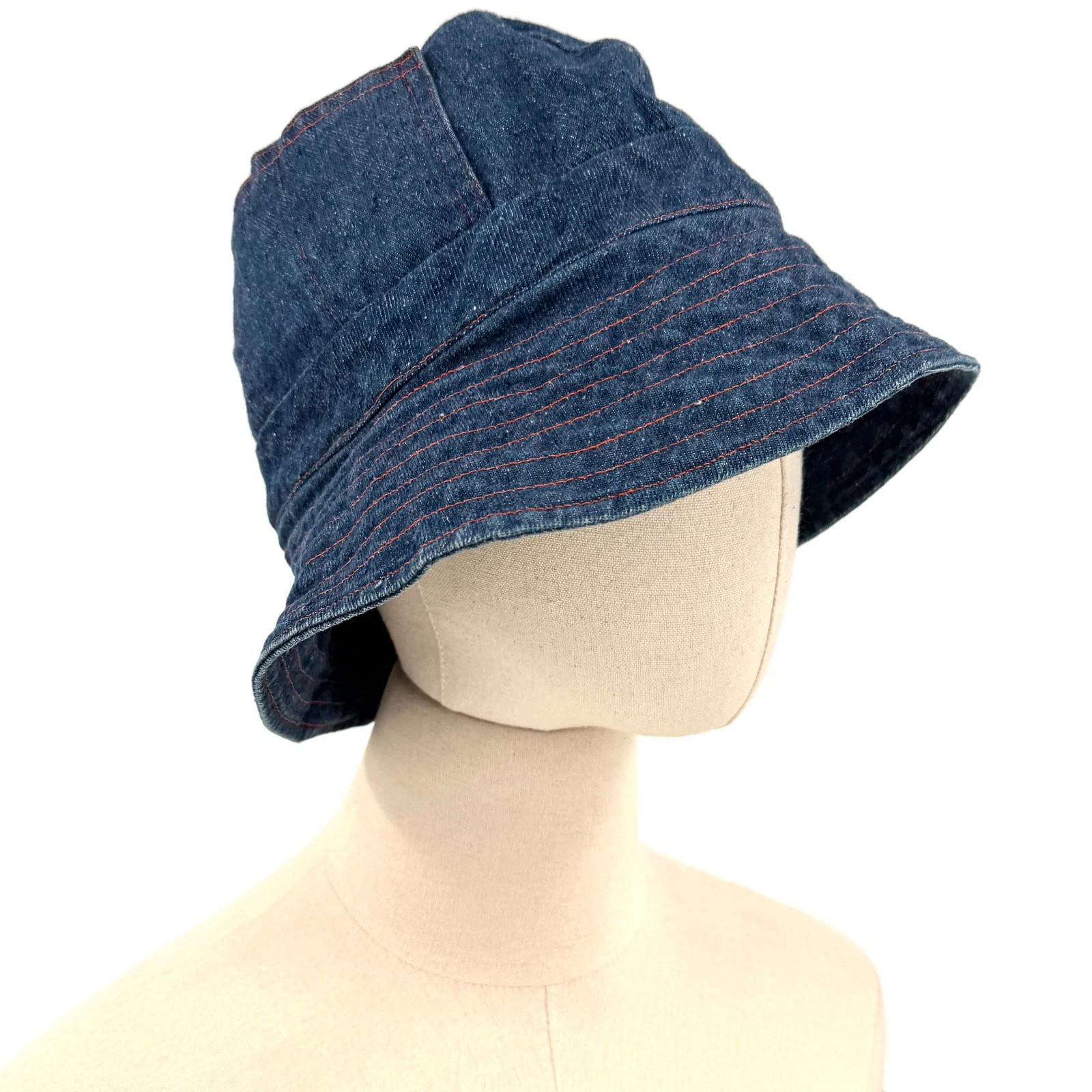Vintage 70s Handmade Blue Denim Steel Zipper Utility Bucket Hat