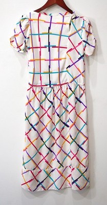 Vntg Shift Dress Gathered Waist White Mod Colorful Geometric Grid Short Sleeve M