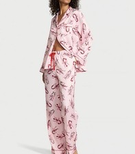 NWT VICTORIA'S SECRET Signature Satin Long Pajama Set Pink Ribbon Print M