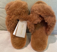 Parlovable plush Faux Fur Cross Band Slippers Brown / Rust Sz M 7-8 NEW