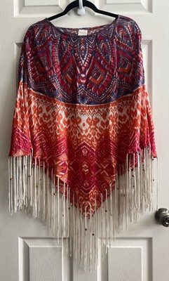CHICO S Phoebe 100% Linen Beaded Fringe Triangle Poncho Cover-Up Tunic OS NWT 