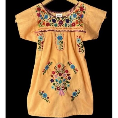 Artesanias Mexican Embroidered Dress Kids Size 2 Peach Floral Boho Puebla