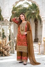 Women's Heavy Diamond Georgette Embroidered Kurta Palazzo Dupatta Suit Set