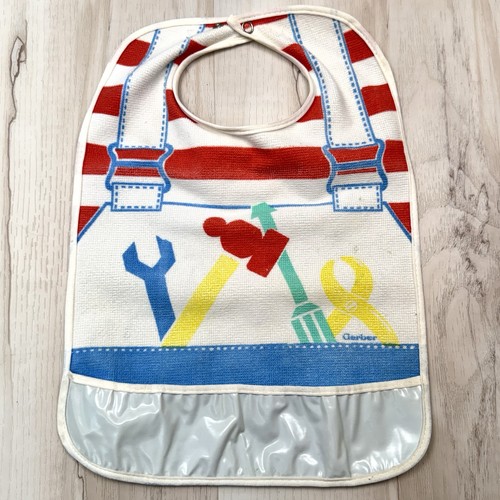 VTG GERBER Snap-On Terry Cloth Toddler BABY BIB Vinyl Crumb Catcher Pocket Tools