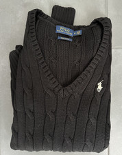 Polo Ralph Lauren Pima Cotton Cable Knit V-Neck Blk White Pullover Sweater Sz M