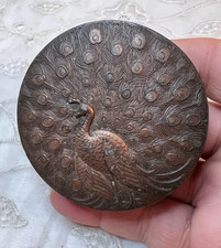Vintage Japanese Peacock Trinket Box Heavy Metal Copper Plated 2.75"D