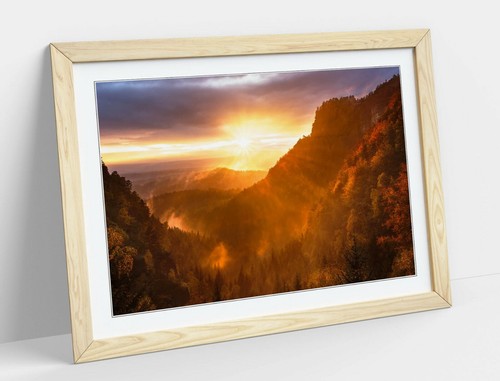 PUESTA DE SOL DEL BOSQUE DE MONTAÑA - PÓSTER ENMARCADO DE ARTE IMAGEN IMPRESIÓN OBRA DE ARTE - AMARILLO PÚRPURA - Imagen 3 de 10