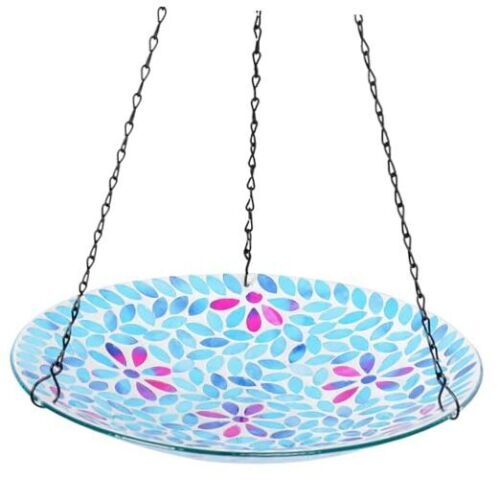 Mosaic Hanging Bird Bath-Bird Baths for Outdoors - 12 Inch Glass Bird Water