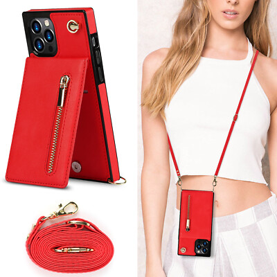 For iPhone XR 11 12 13 14 Pro Max PU Leather Wallet Crossbody Strap Stand Case