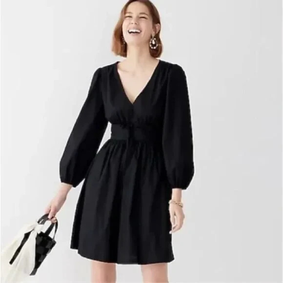 J. Crew Black V-neck Puff Sleeve Cotton Poplin Mini Dress Size 2