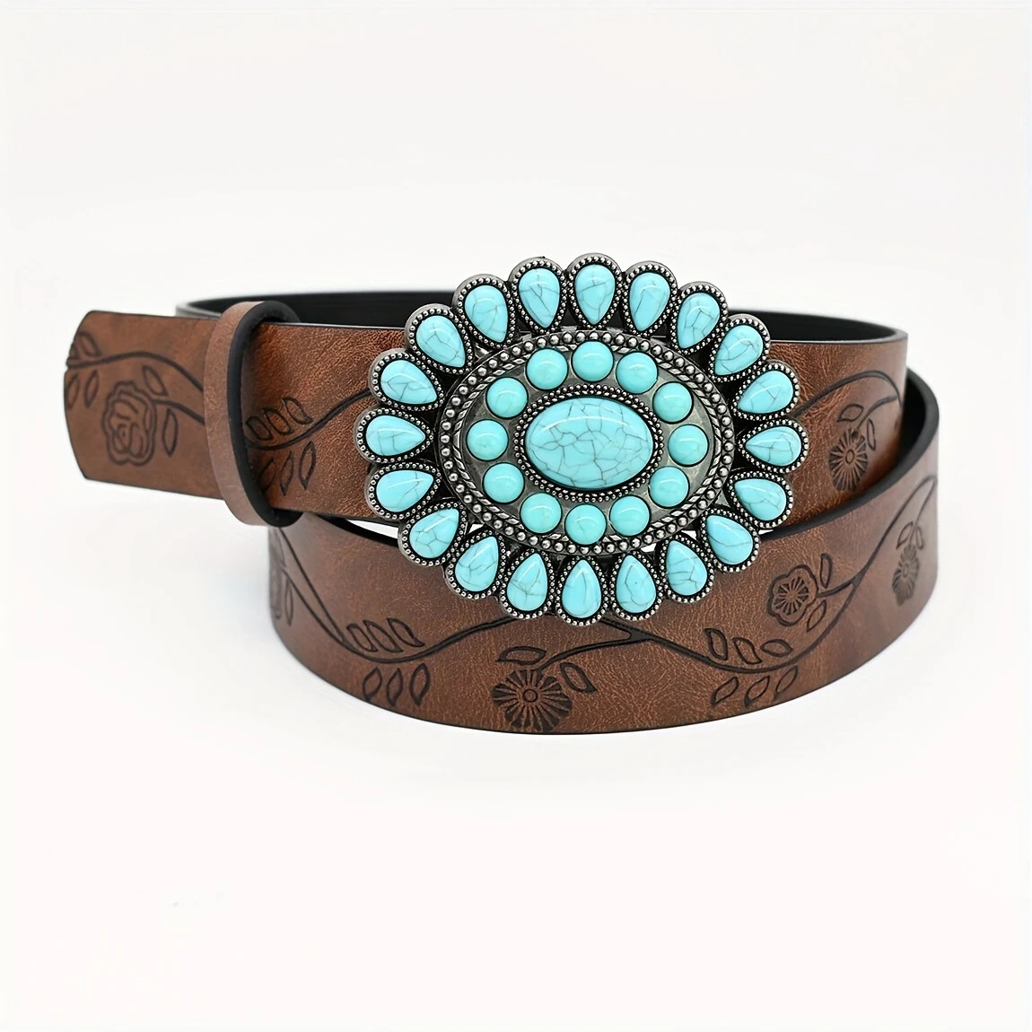 WOMEN WESTERN BROWN LEATHER BELT TURQUOISE Size M/L belt  display picture 1