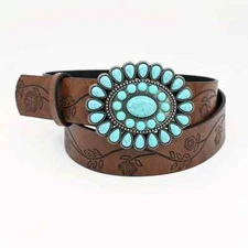 WOMEN WESTERN BROWN LEATHER BELT TURQUOISE Size M belt length is 44 in NEW