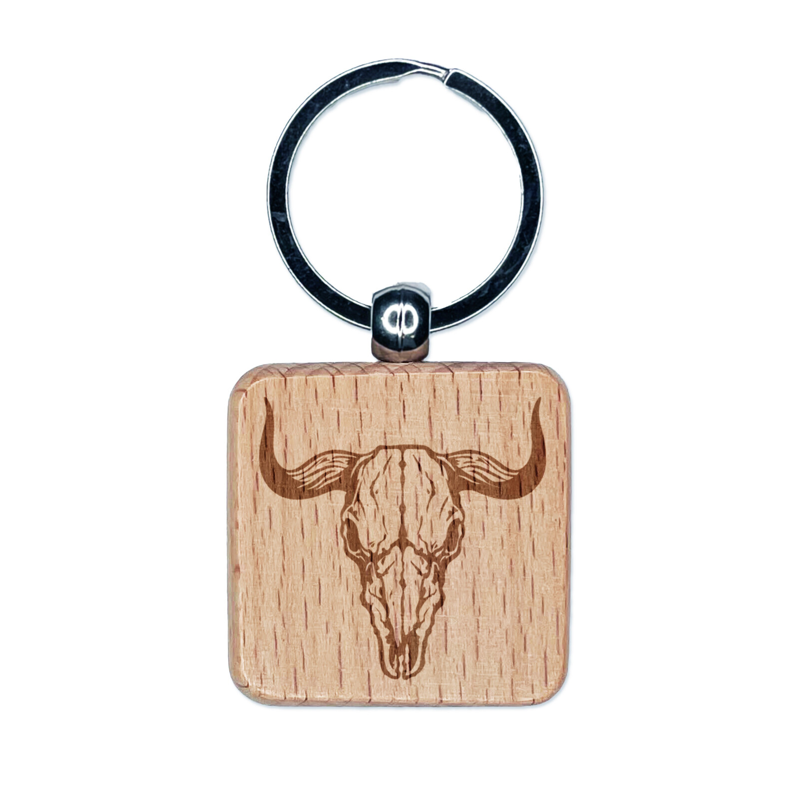 Bull Skull Engraved Wood Square Keychain Tag Charm