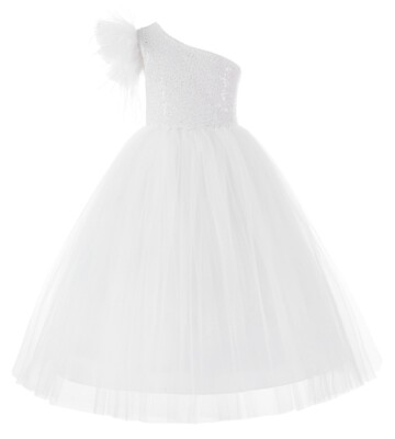 One Shoulder Flower Girl Dress Ostrich Feather Dress Sequin Princess Dresses