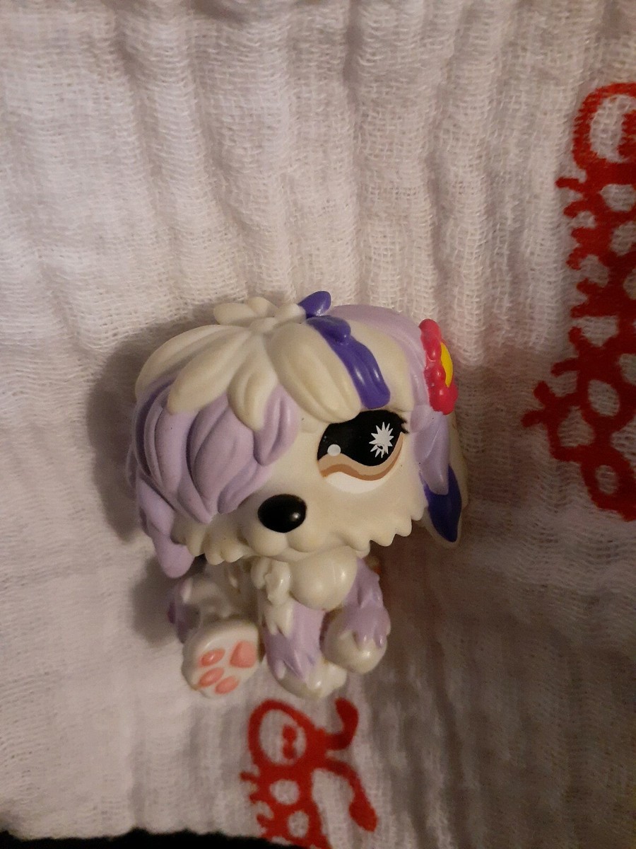 Littlest Pet Shop White& Purple Dog Pink Flower Brown Eyes Cute
