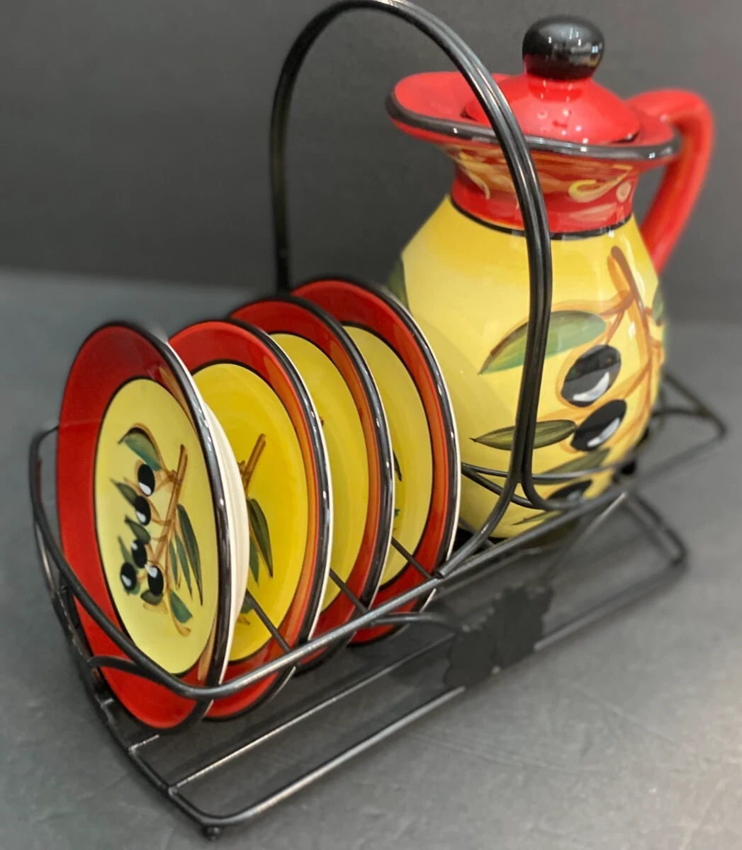 Certified International Kate McRostie Olive Oil Pitcher w/ Caddy & 4 Dishes 2005