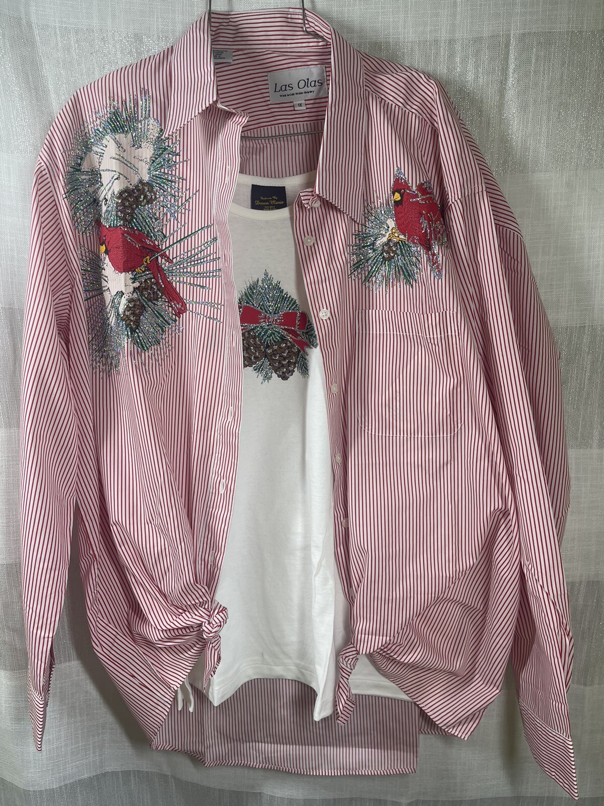Las Olas Holiday Pinstripe Shirt Set Size 1XL Cardinal Christmas Gift