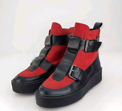 FREE PEOPLE COLLECTION CORTINA WOMENS 38, US 7.5 RED BLACK PLATFORM BUCKLE BOOTS