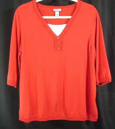 Catherines PLUS 2X 22 /24W Red Pullover Sweater Short Sleeve V Neck White Inset