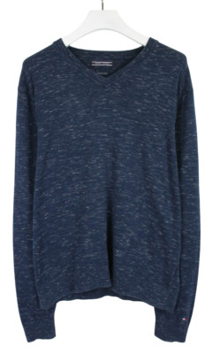 Tommy Hilfiger Premium Cotton Jumper Mens XL Pattern Knit V Neck Blue